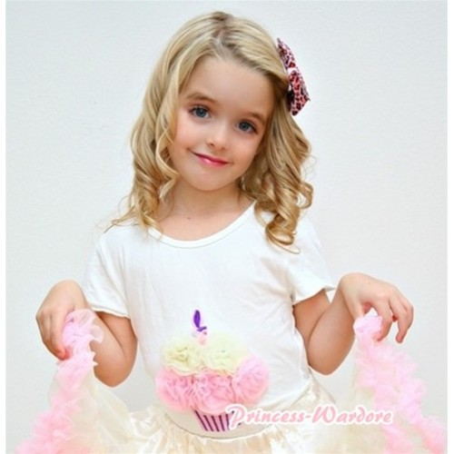 White Birthday Cake Short Sleeves with Cream White Light Pink Rosettes T901 